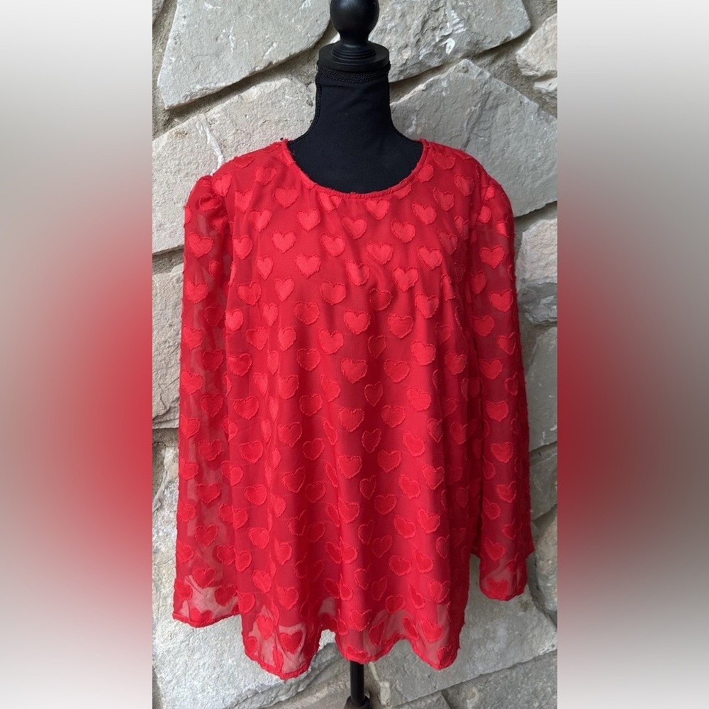 Cato Valentines Tunic Top 18/20 Red Chiffon Embroidered Hearts‎ Lined Excellent